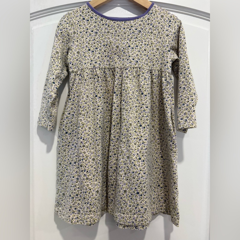 Lands End Girls' Long-Sleeve Floral Dress with Purple Trim Kids Size 4
